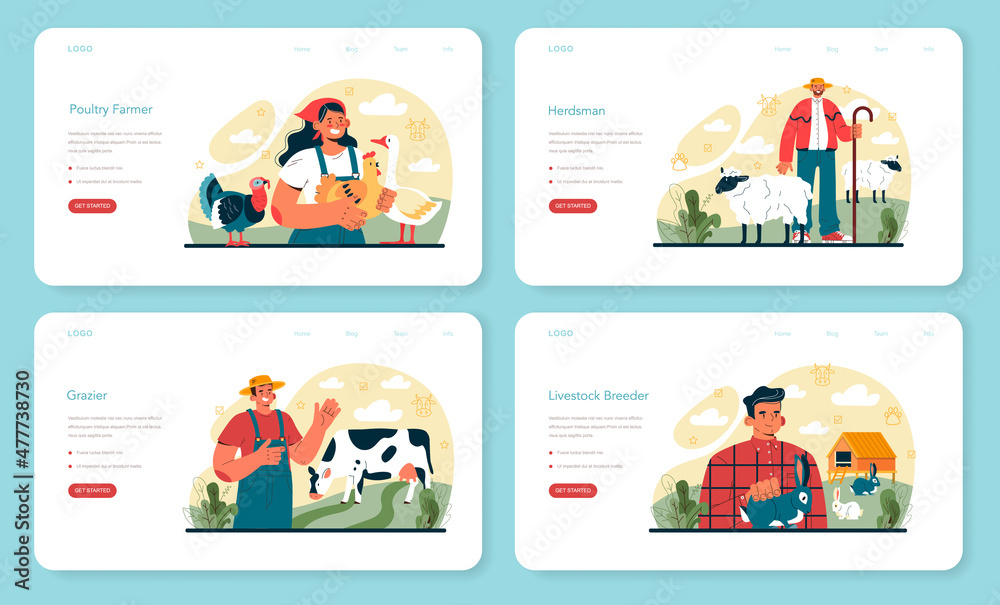 Shepherd with a domestic animals web banner or landing page set.