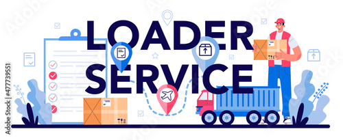Loader service typographic header. Stevedore in uniform carrying a cargo.