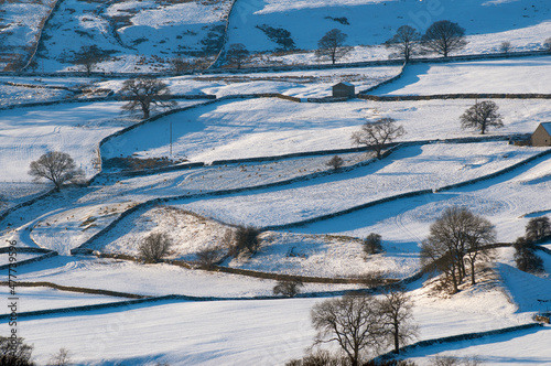 yorkshire dales snow scene with walls and barns