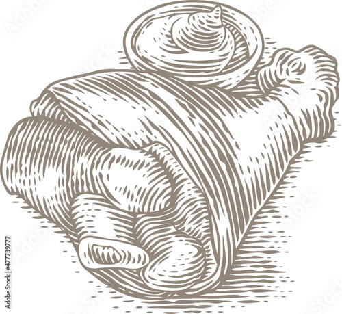 Drawing of isolated pork knuckle with mustard in the bowl