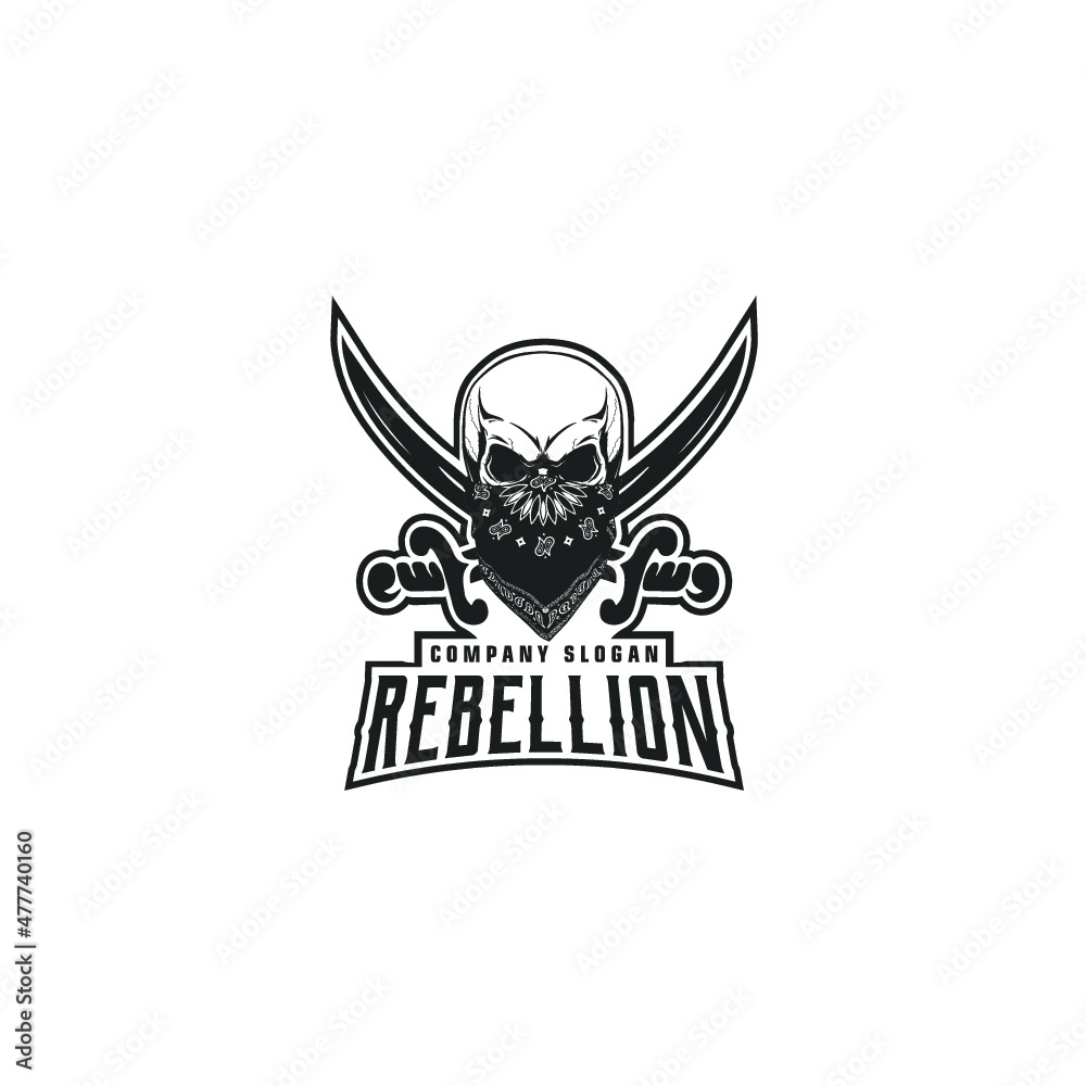 Skull with half-covered face Black and wight with swords logo Skull with half-covered face Black and wight with swords logo