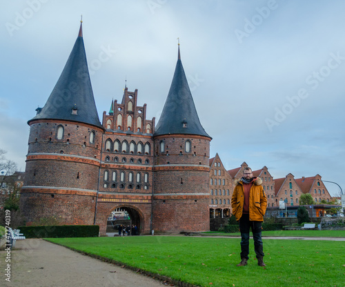 View of the Holstein gate raining in Lubeck