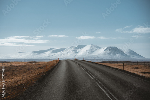 Street Highway Ring road No.1 in Iceland, with view towards mountain. Southern side if the country. Road trip travel concept.