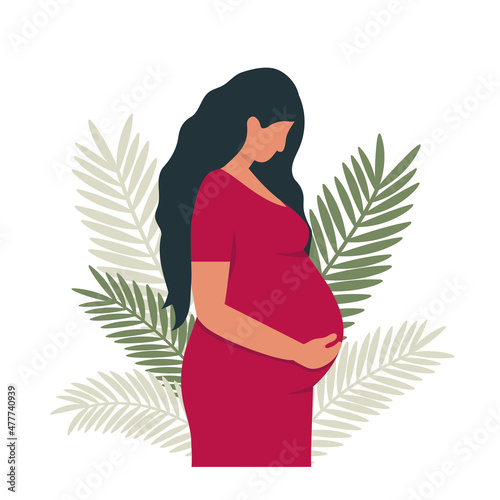 Pregnant woman in red dress with decoration tropical leaves. Mother waiting for child concept. Flat style vector illustration