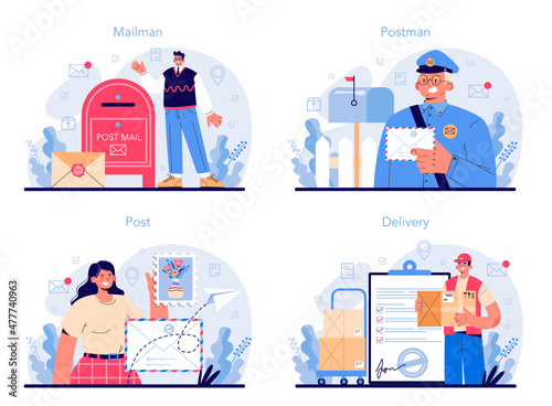 Postman profession set. Post office staff providing mail service,