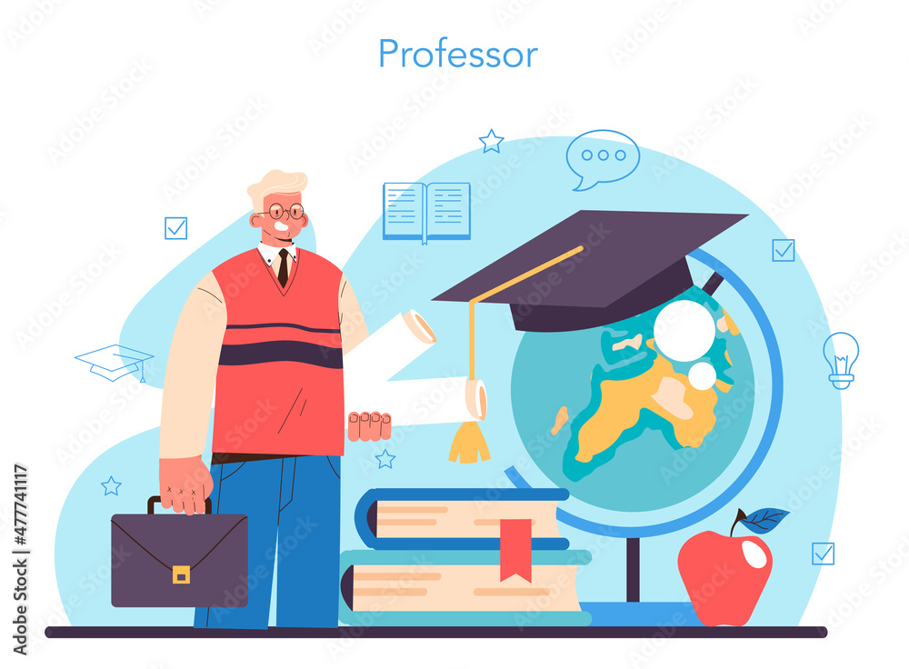 University professor concept. Lecturer standing in front of chalkboard