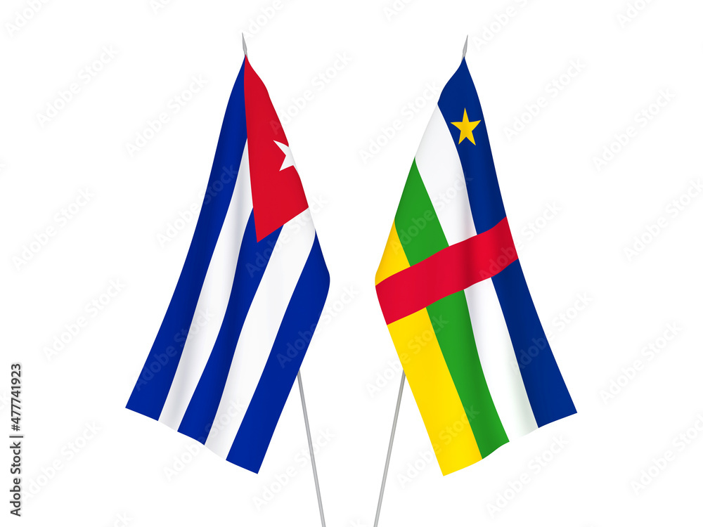 National fabric flags of Cuba and Central African Republic isolated on white background. 3d rendering illustration.