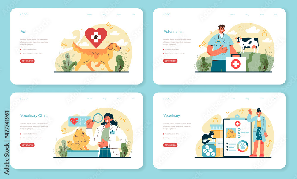 Pet veterinarian web banner or landing page set. Veterinary doctor