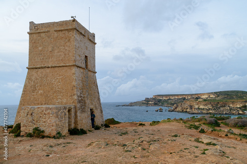 The Ghajn Tuffieha Tower is a watchtower on the coast overlooking the bay in Mellieha, Malta.