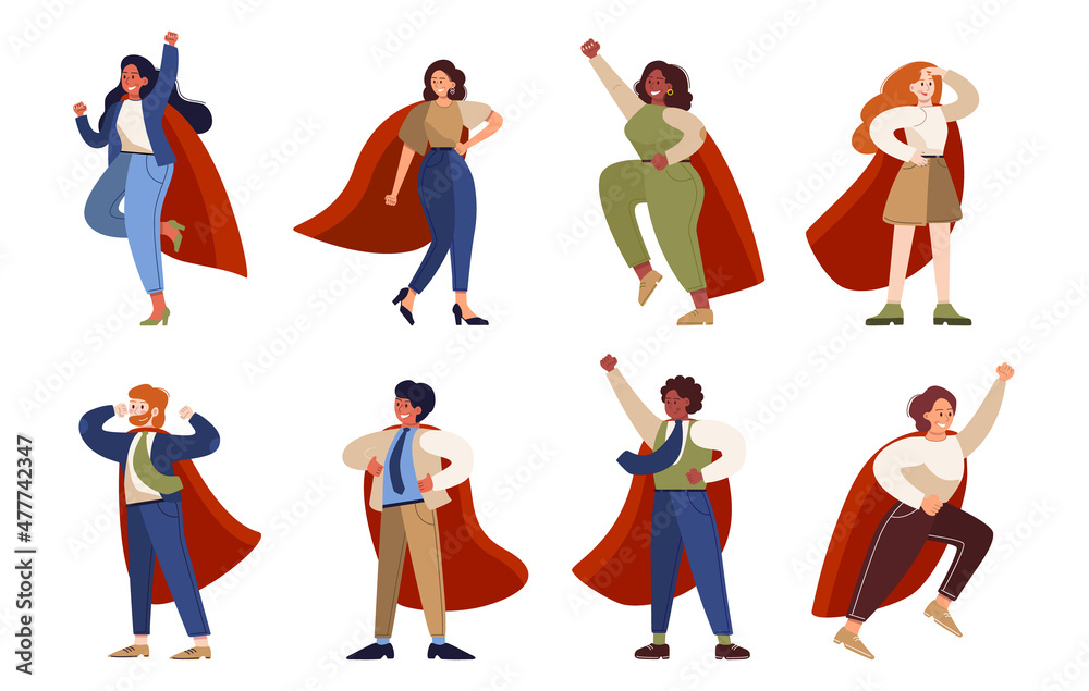 Businessman and businesswoman with red superhero cloak set.