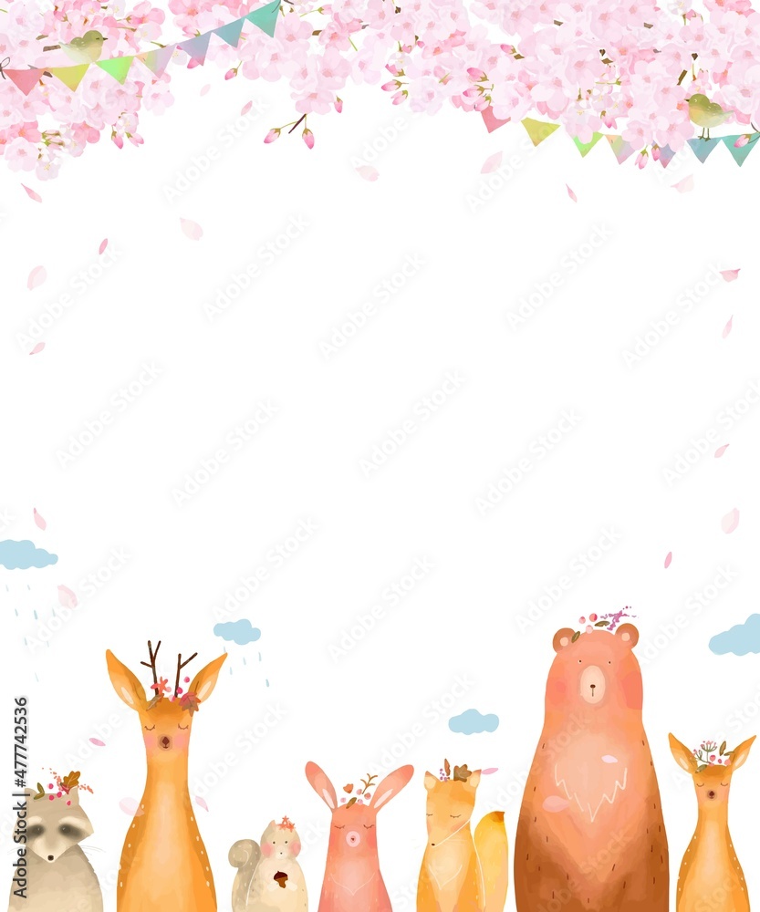 Fototapeta premium 森の動物が旗揺らめく満開の桜の木の下にいる春の北欧風かわいいフレームイラストベクター素材 