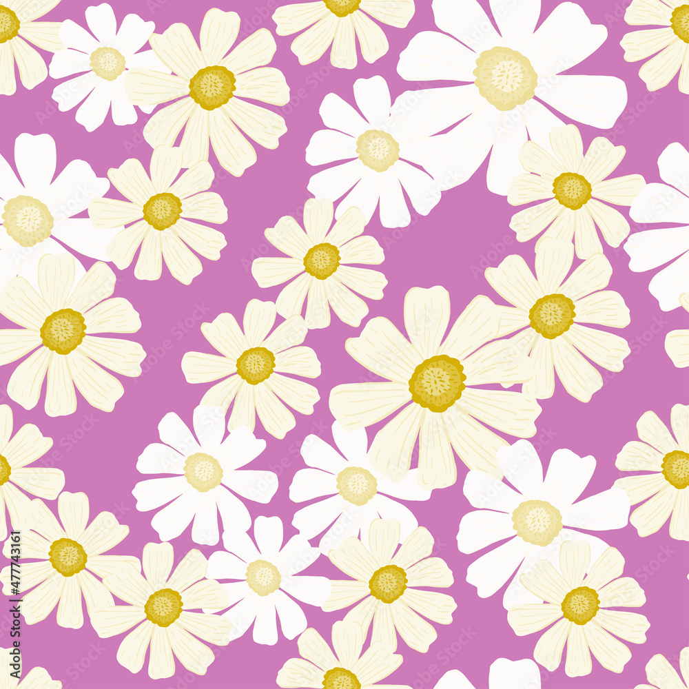 Chamomile pattern seamless in freehand style. Spring flowers on colorful background. Vector illustration for textile.