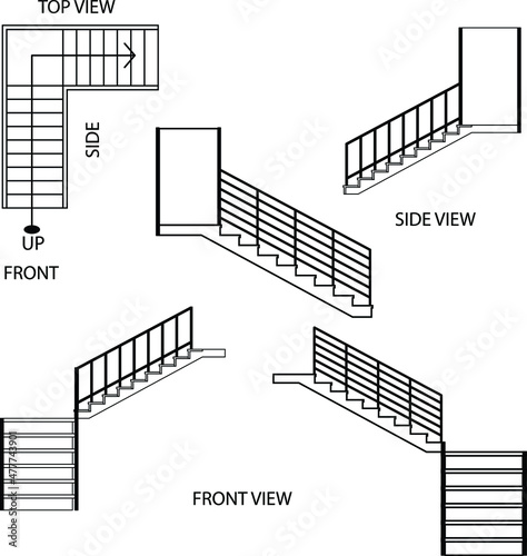 Illustration vector graphic of stairs, top view of stairs, side view, and front view of stairs suitable for your home design