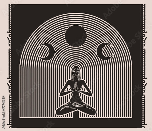 girl meditates, phases of the moon, minimalistic illustration for t-shirt