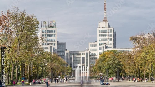 Gosprom building on the Freedom square with new dry fountain in Kharkov city timelapse, Ukraine photo