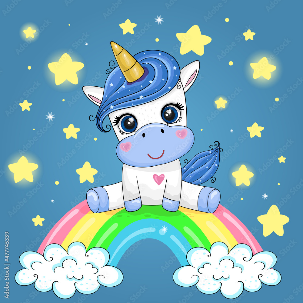 Cute Cartoon Unicorn sitting on a rainbow on a background of the night sky.  Good for greeting cards, invitations, decoration, Print for Baby Shower  etc. Stock Vector | Adobe Stock