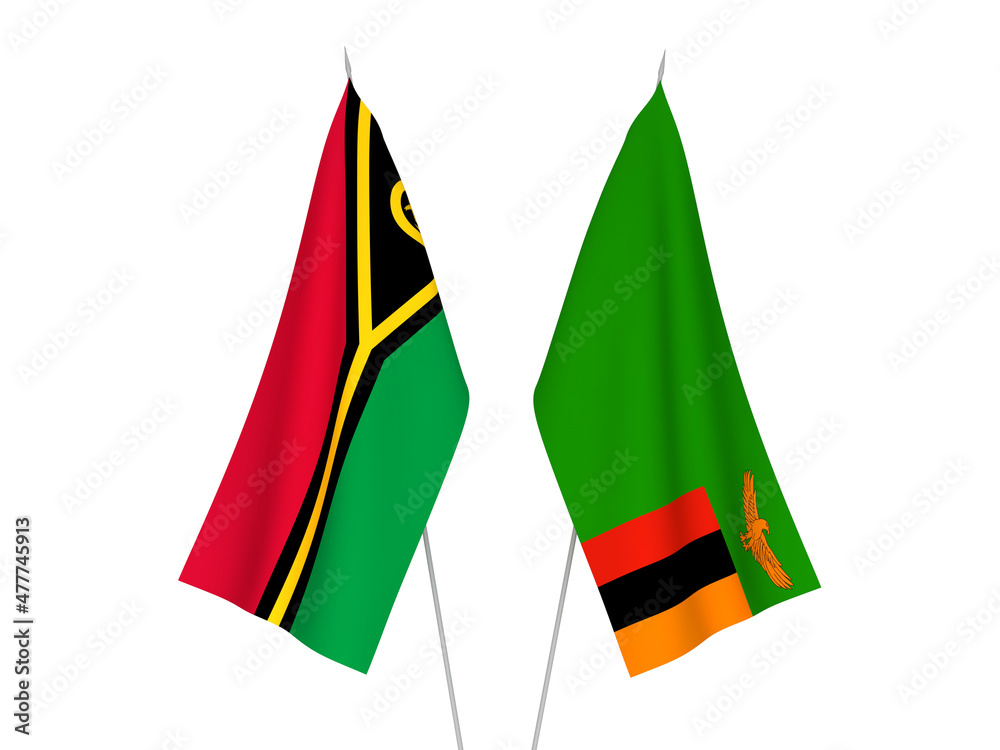 National fabric flags of Republic of Zambia and Republic of Vanuatu isolated on white background. 3d rendering illustration. National fabric flags of Republic of Zambia and Republic of Vanuatu isolated on white background. 3d rendering illustration.