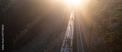 Top view of freight train, motion blur. photo