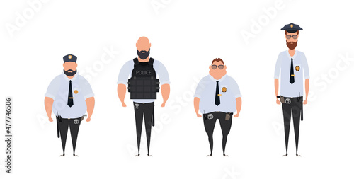 Police officer in a standing pose. Policemen set isolated on white background. Vector illustration