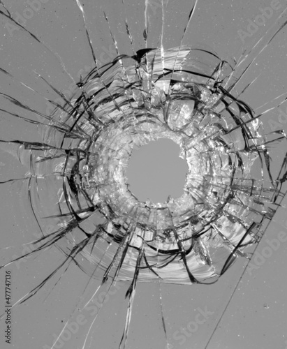 Collage Hole from a ball in the glass  cracks on a white background