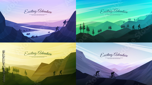 Vector backgrounds set. Travel concept of discovering, exploring and observing nature. Hiking. Adventure tourism. Flat design template of gift cards, banner, invitation, poster, website layout.