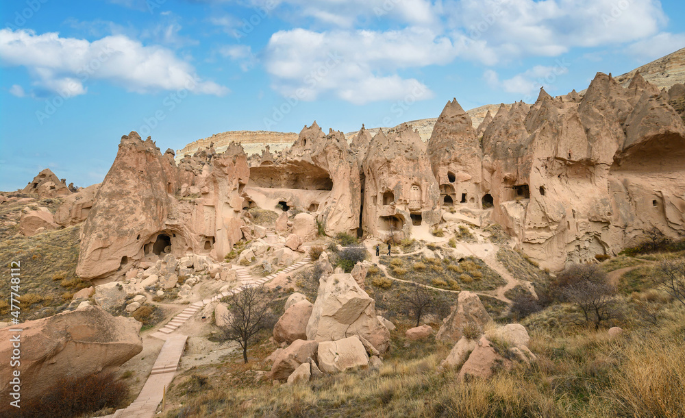 Fototapeta premium Zelve Valley in Goreme, Cappadocia, Turkey. Cave town and houses at rock formations. 