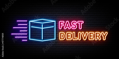 Fast Delivery Neon Sign. Light Banner. Vector Illustration