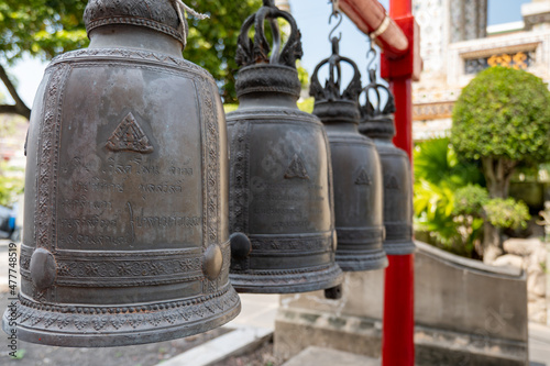 Buddhist bells in Thailand, a large Buddhist drum gong with decoration. 