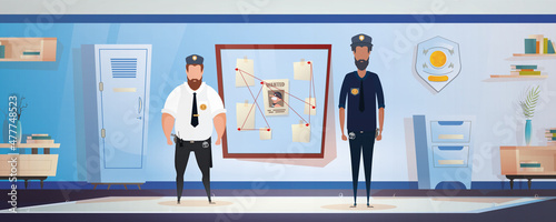 Policemen or militiamen in Police station or department, investigation office room interior, cartoon. Vector illustration