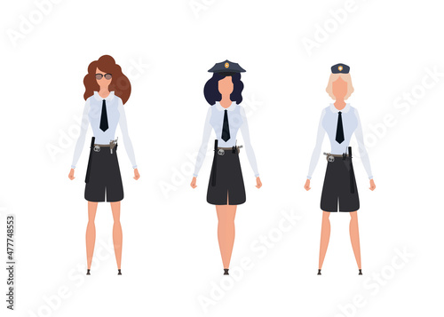 Set Pretty girls police officer in uniform. Vector illustration. Isolated over white background.