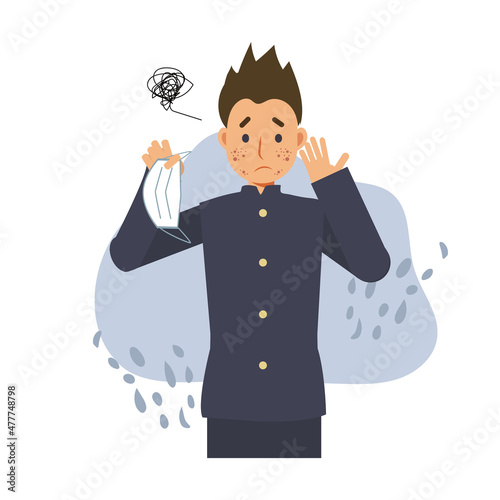 Acne caused wearing face mask.Maskne concept.pimples. skin problems. male teenager with acne problem.Flat vector cartoon character illustration.