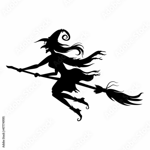Vector illustrations of Halloween silhouette witch with hat on broom fly