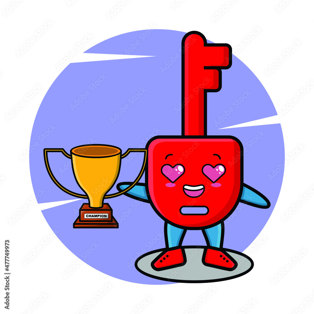 Cute Cartoon character illustration of padlock key is holding up the golden trophy with happy gesture, cute modern style design for t-shirt, sticker, logo element Cute Cartoon character illustration of padlock key is holding up the golden trophy with happy gesture, cute modern style design for t-shirt, sticker, logo element