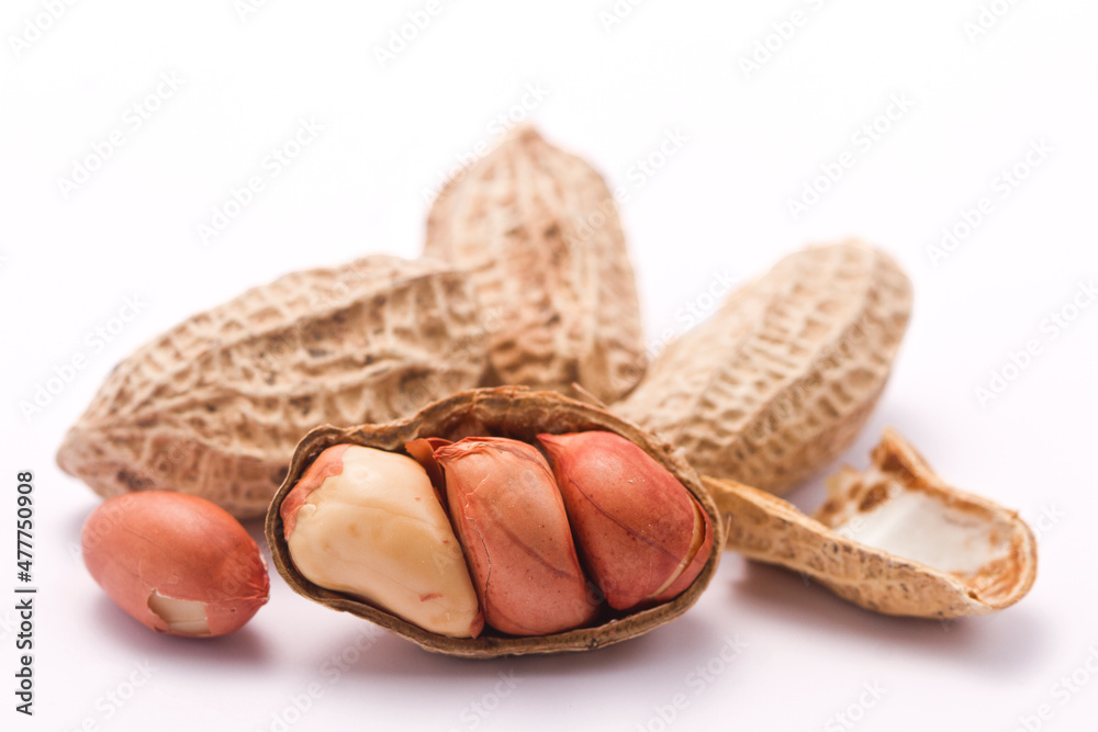 Dried peanuts in closeup on white background
