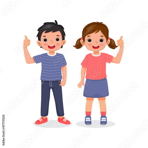 cute little boy and girl giving thumbs up gestures with positive facial expression. Kids showing liking, approval and sign of success.