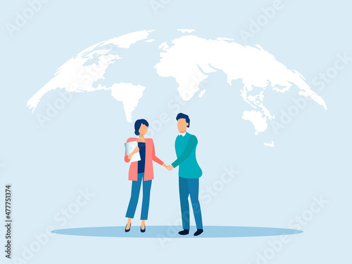 Vector of a young man and a woman handshaking on a earth map background