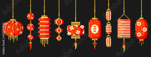 Pixel art Chinese decorative paper lanterns ornaments set. Vector 8 bit style collection of traditional festive chinese lanterns decorations. Isolated elements of retro game computer graphic.	