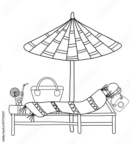 Vector graphic beach composition with parasol, lounger, towel, camera, bag, cocktail.
