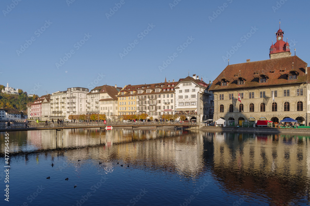 Lucerne, Switzerland, View of historic buildings along the Reuss River