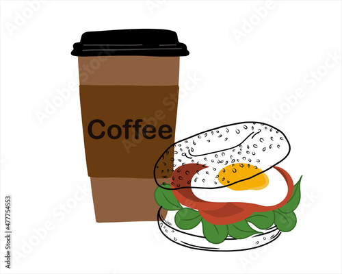 Breakfast coffee in paper cup and bagel sandwich with cream cheese, spinach, tomato and egg isolated on white background. Flat vector illustration and doodle style, Hand drawn