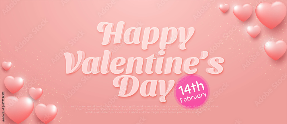 Editable text happy valentine's day with heart 3d decoration on pink background