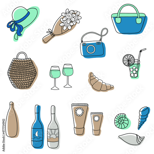 Vector set with beach and summer holiday elements: hat, flower, bag, basket, glasses, croissant, cocktail, bottle, sunscreen, shells. Isolated illustrations for icon, your design, stickers, pattern