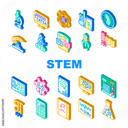 Stem Engineer Process And Science Icons Set Vector. Educational Book And Trigonometry Formula, Stem Engineering Processing Laboratory Researching, Software And Technology Isometric Sign Color