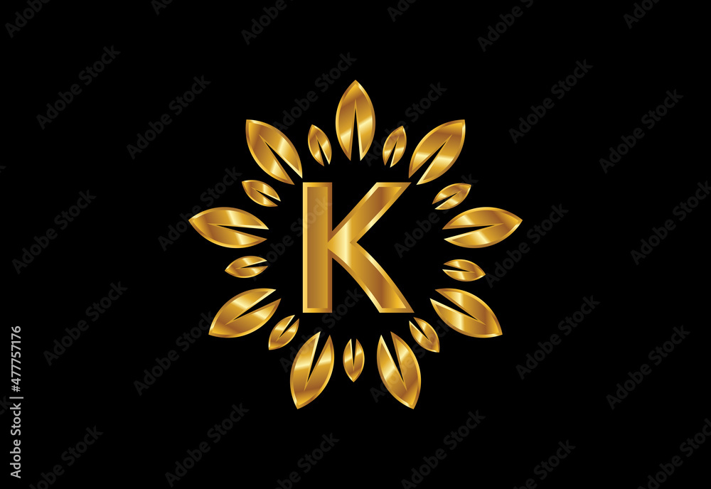 Initial K monogram letter alphabet with golden leaf wreath.Flower logo ...