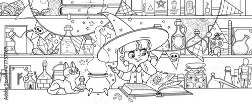 Cute witch girl brews a potion in her magic shop outlined for coloring on white background