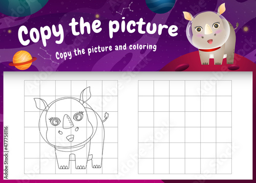 copy the picture kids game and coloring page with a cute rhino in the space galaxy