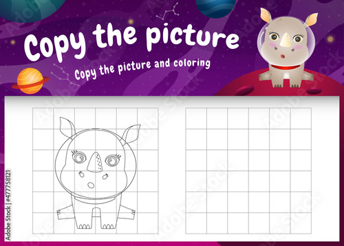 copy the picture kids game and coloring page with a cute rhino in the space galaxy