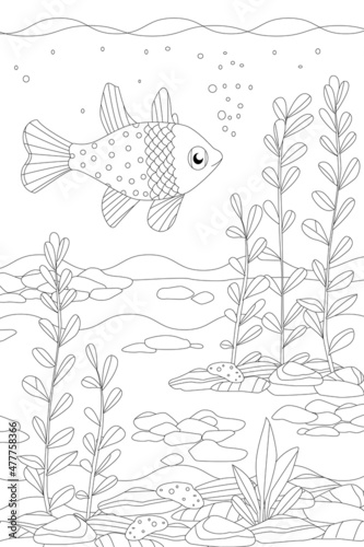 swimming pretty fish among seaweed for your coloring book