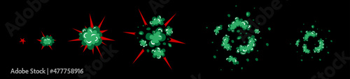 Green smoke and red flame. Sprite sheet of a flat explosion. Animation for cartoon or game. Vector. Poison 