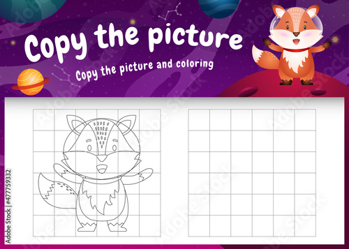 copy the picture kids game and coloring page with a cute fox in the space galaxy